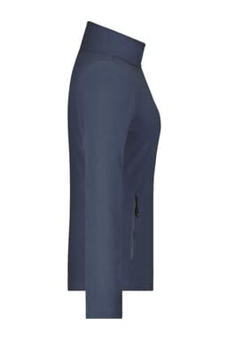 A side view of a navy blue ladies basic fleece jacket with a zip pocket and a high collar.