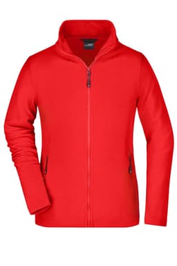 A red polar fleece jacket featuring a zip front and two side pockets. The jacket has a collar and long sleeves.