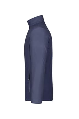 A navy polar fleece jacket with a high collar and a side zippered pocket, featuring a logo.