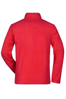 A red polar fleece jacket with a collar and long sleeves, featuring a branding logo.