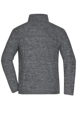 A grey polar fleece jacket featuring a high neck and long sleeves, with a logo on the back.