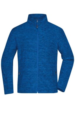A blue men's fleece jacket with a zip front and high collar, featuring side pockets and a logo.