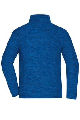 A blue polar fleece jacket featuring a high collar and long sleeves, with a branded logo on the back.