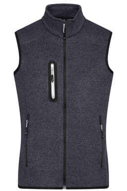 A grey knitted fleece vest with a high collar and three zippered pockets. It has a snug, sleeveless design.