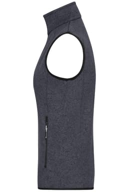 A dark grey knitted fleece vest featuring a zip pocket and a high collar. It has a sleeveless design.
