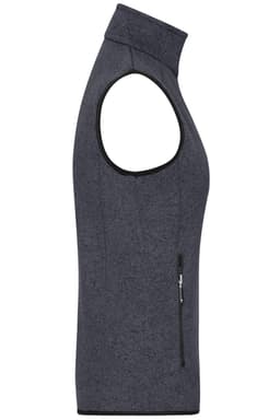 A grey ladies' knitted fleece vest with a high collar and sleeveless design, featuring a zippered pocket.
