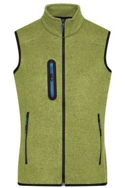 A ladies knitted fleece vest in a vibrant green shade, featuring a high collar and zippered pockets.