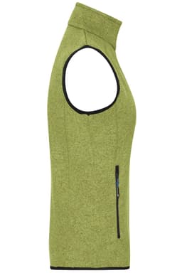 A green knitted fleece vest with a high collar and a side zip pocket, featuring a logo on the fabric.