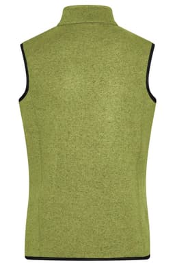 A green knitted fleece vest with a high collar, featuring a contrasting black trim and no sleeves.