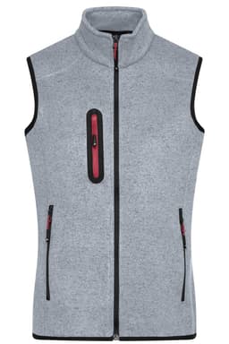 A grey knitted fleece vest with a high collar and contrasting black and red zippered pockets. Features a logo.