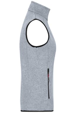 A ladies' knitted fleece vest in grey, featuring a high collar and a side zip pocket. It has a logo on the chest.