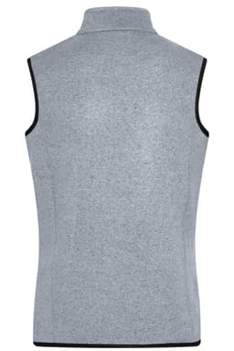 A grey knitted fleece vest with a high collar, featuring contrasting black edges and no sleeves.