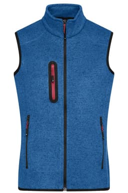 A men's knitted fleece vest in blue, featuring zippered pockets and a high collar, with a logo on the chest.