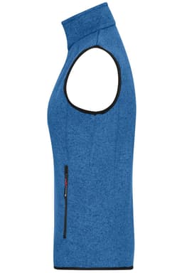 A blue men's knitted fleece vest featuring a zippered side pocket and a high collar. It has a logo on it.