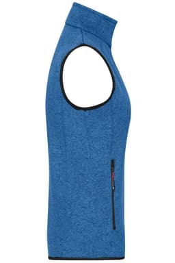 A blue knitted fleece vest featuring a zip pocket and a sleeveless design. It has a logo on the fabric.
