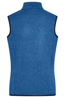 A blue knitted fleece vest featuring a high neck and a logo on the back. It has a contrasting black trim.