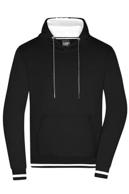 A black men's hoodie with a white lining, featuring a front pocket and a sporty design. It includes a logo.