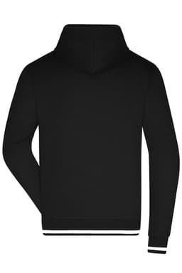 A black hoodie featuring a hood and ribbed cuffs, designed with a logo on the back.