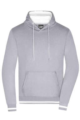 A grey men's hoodie featuring a front pocket, drawstring hood, and contrasting interior colour. It has a logo.