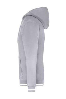 A grey men's hoodie with a front pocket and white striped cuffs, featuring a logo.