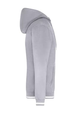 A grey men's club hoodie features a front zip, pockets, and contrasting striped cuffs and hem. It has a hood and logo.