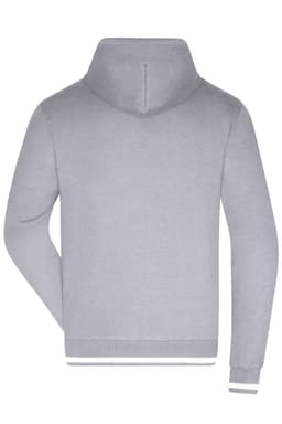 A grey men's hoodie with a hood and long sleeves, featuring a ribbed hem and cuffs. It has a logo.