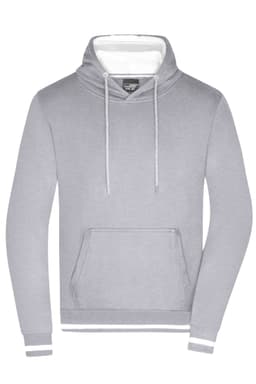 A grey men's hoodie with a white interior, a front pocket, and a drawstring hood. It features a logo.