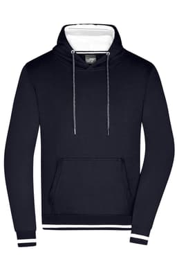 A navy blue men's hoodie with a contrasting white interior, featuring a drawstring and a front pocket. It has a logo.
