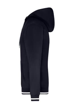 A navy men's hoodie with a zip and side pockets, featuring a hood and contrasting white cuffs.