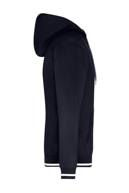 A navy men's hoodie with a zip and kangaroo pockets, featuring ribbed cuffs and hem. It has a logo on the front.