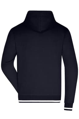 A navy blue men's hoodie featuring a hood and a logo, with a classic ribbed hem.