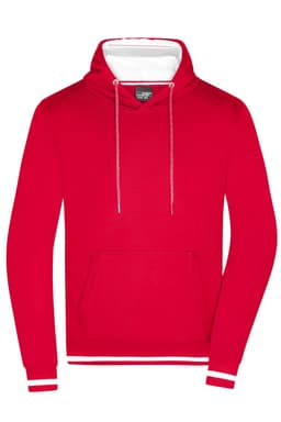 A red hoodie featuring a drawstring hood, a front pocket, and contrasting white details. It has a logo.