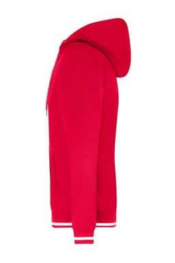 A red men's hoodie with a hood, featuring white stripes on the cuffs. It has a logo on the front.