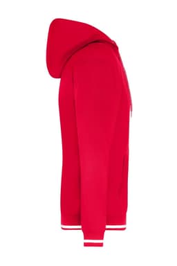 A red men's hoodie with a zip and a hood, featuring white striped detailing on the cuffs and hem.