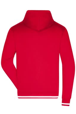 A red men's hoodie with a hood, featuring a simple design and a logo. The cuffs and hem have a contrasting trim.