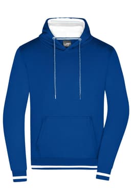 A blue hoodie featuring a white interior, drawstrings, and a front pocket. It has a logo on it.