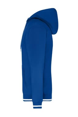 A blue men's hoodie featuring a front pocket and a hood. The cuffs and hem are striped. It has a logo on it.