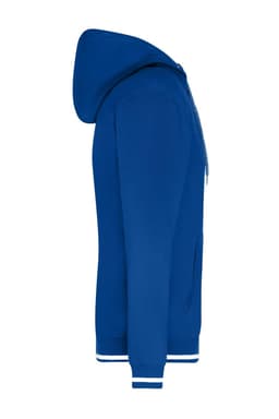 A blue hoodie featuring a zip front, a hood, and contrasting white stripes on the cuffs. It includes a logo.