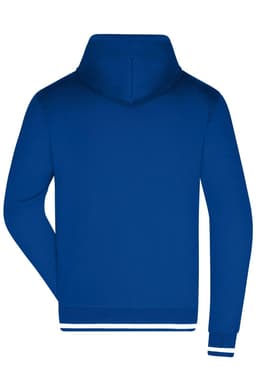 A blue men's hoodie featuring a hood and contrasting cuffs, with a logo on the back.