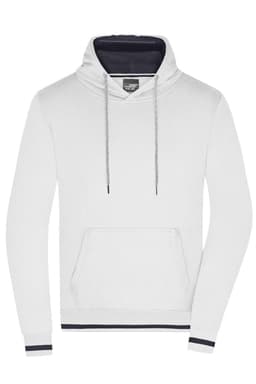 A white hoodie with a navy blue inner lining, featuring a front pocket and drawstring hood. It has a logo present.