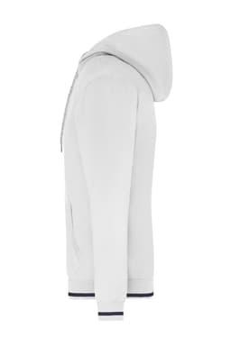 A white men's hoodie featuring a hood and ribbed cuffs, with a branding logo on the front.