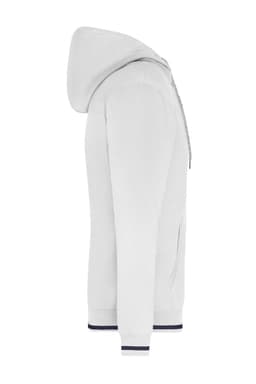 A white hoodie with a hood, zip front, and contrasting ribbed cuffs. It features a logo on the front.