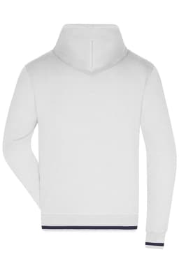 A white men's hoodie with a hood and long sleeves, featuring a ribbed hem and cuffs. The back view is shown.