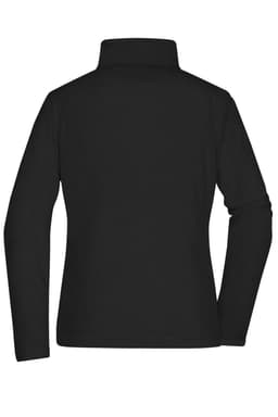 A black ladies fleece jacket with a high collar, featuring a logo on the back.