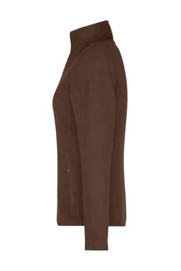A brown polar fleece jacket featuring a zip pocket and a high collar, shown from the side.