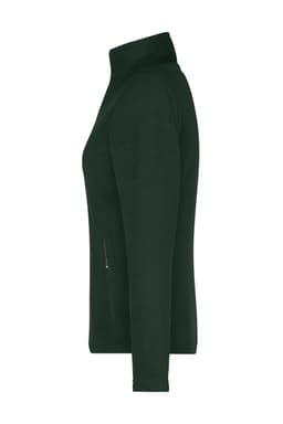 A ladies' polar fleece jacket in dark green, featuring a zip pocket and a high collar. It has a simple logo.