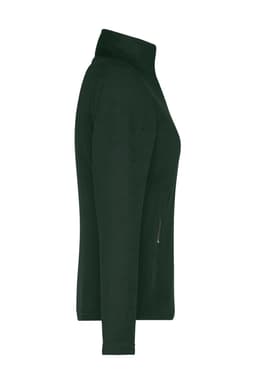 A green ladies' fleece jacket with a zippered side pocket and a high collar. It features a logo on the chest.
