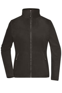 A black fleece jacket with a zip front and two zippered pockets, featuring a high collar and long sleeves.