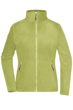 A women's fleece jacket in a vibrant lime green colour, featuring zippered pockets and a high collar.