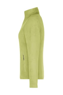 A light green fleece jacket with a high collar and side pockets, featuring a logo.